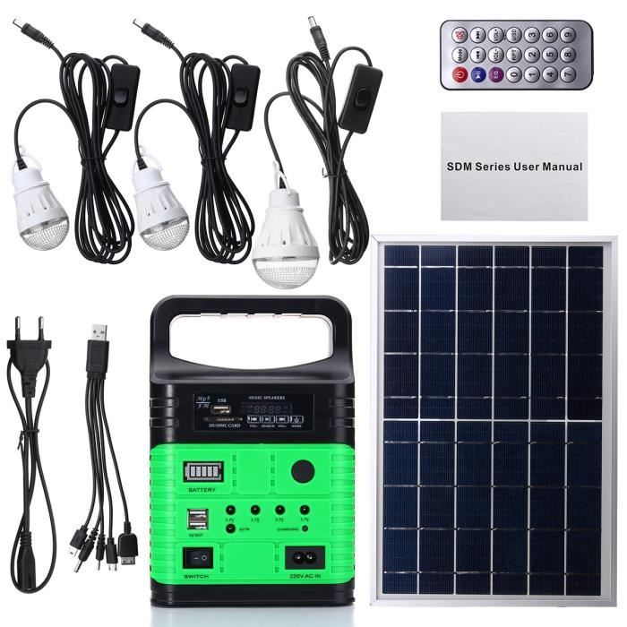 NEUFU Kit Générateur Système Solaire Panneau DC USB Chargeur + 3 Ampoules VERT
