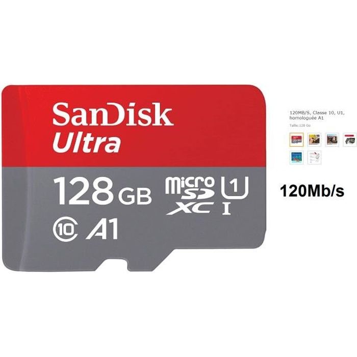 SanDisk Carte Mémoire microSDXC Ultra 128 Go Classe 10, U1, homologuée A1 120MB/S