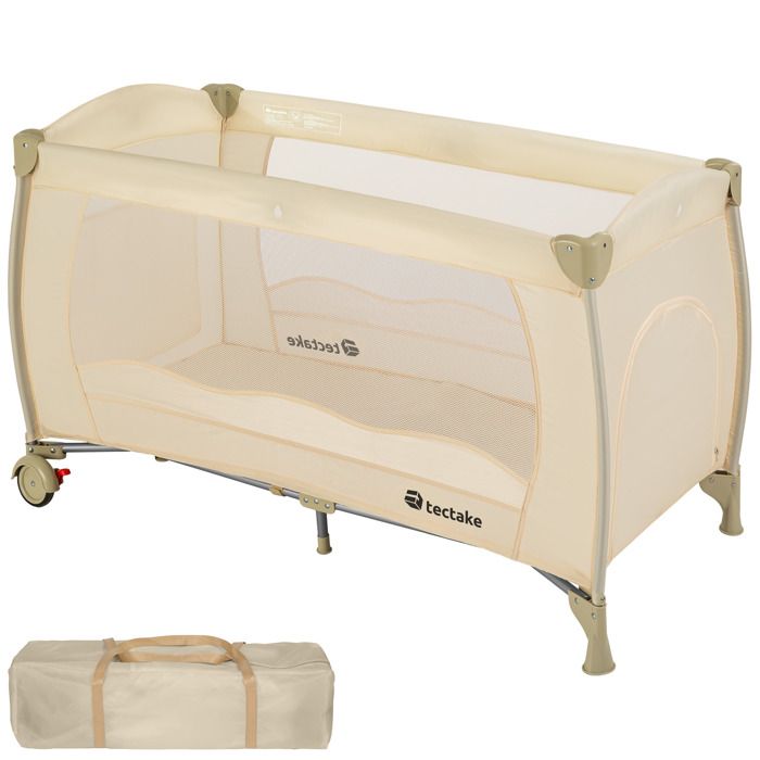 TECTAKE Lit Parapluie avec 2 Roulettes + 1 Sac de Rangement en Polyester 126 cm x 65 cm x 80 cm Beige