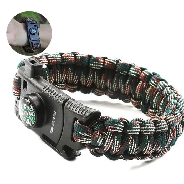 TD® Bracelet de survie militaire multifonction homme femme couteau boussole Haute Précision sports Plein Air Camping Randonnée flexi