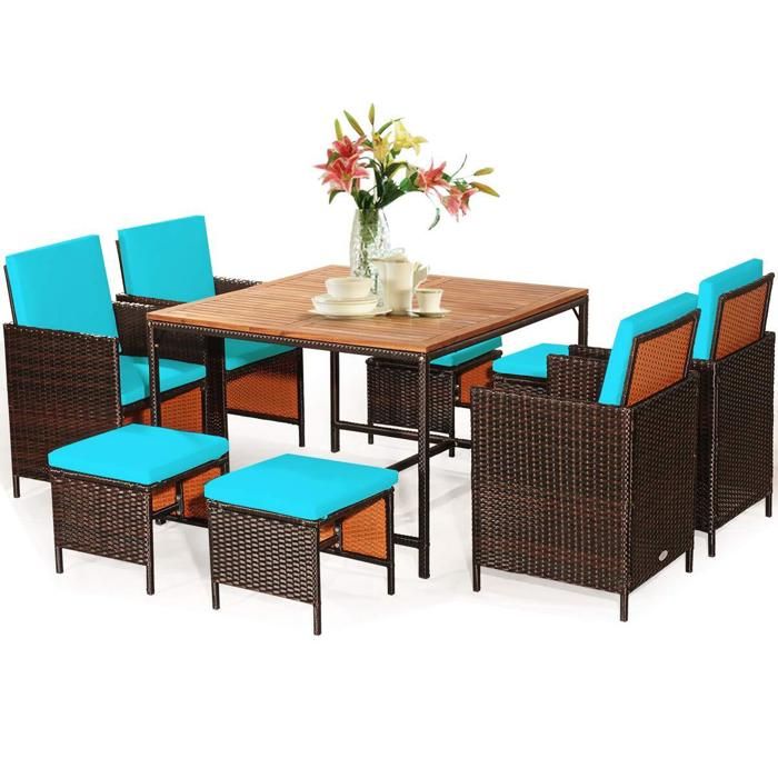 salon de jardin encastrable rotin marron -table plateau bois acacia - fauteuils - tabourets - coussins turquoise déhoussables