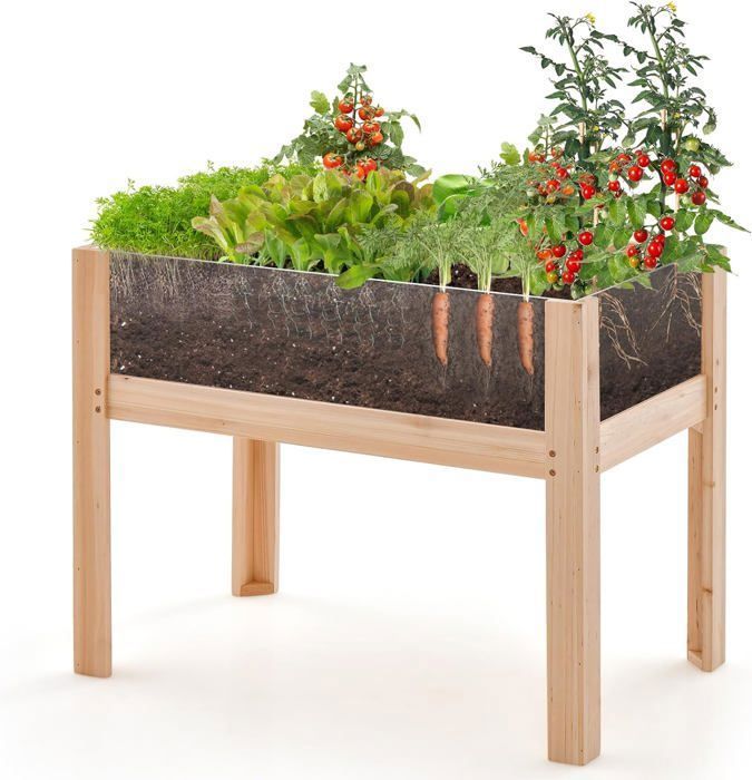 GOPLUS Carré Potager sur Pieds avec Panneau Acrylique Lit de Jardin Surélevé en Bois Trous de Drainage Plates-Bandes Mobiles