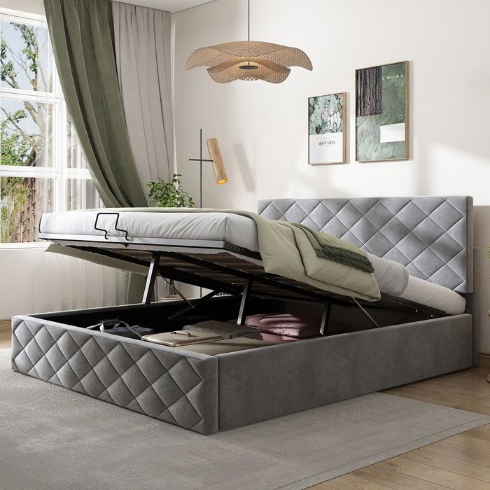 Lit coffre Lit adulte Lit rembourré à lattes et espace de rangement 140 x 200 cm Gris Lit coffre Lit adulte Lit rembourré à lattes et espace de rangement 140 x 200 cm Gris