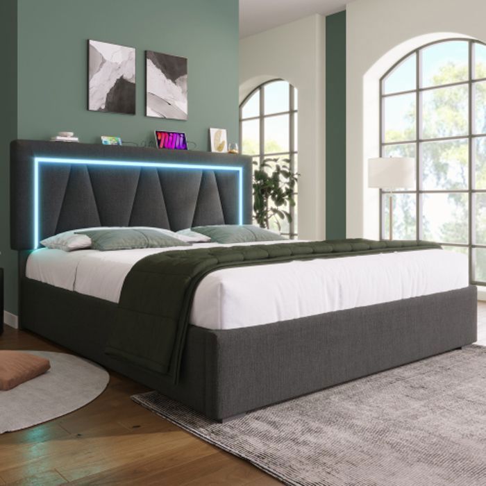 Lit adulte Lit coffre lit double avec USB Type C et éclairage LED lits de rangementm Lit rembourré 160x200 Gris