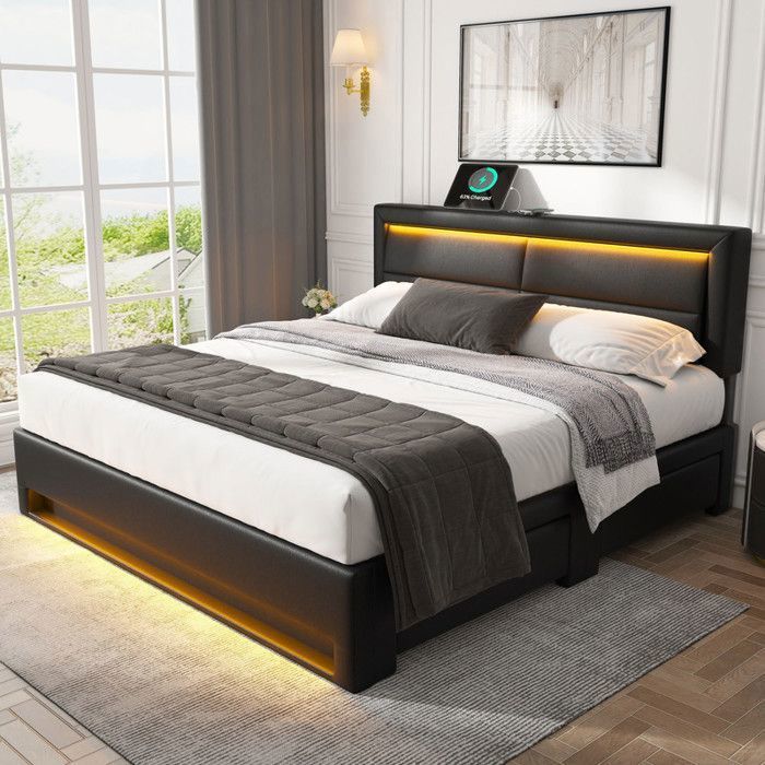 Lit double 140x190 cm PU USB LED lit coffre 4 tiroirs sommier à lattes enfant/adulte noir