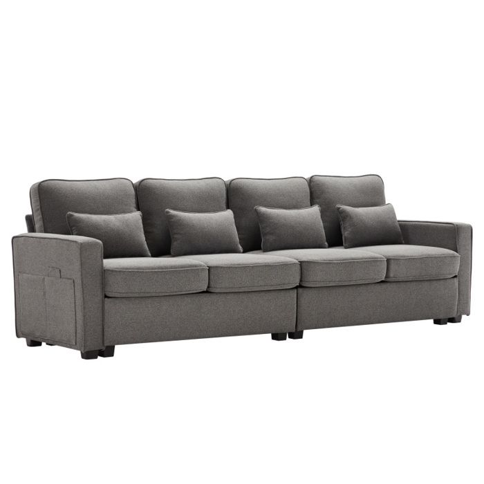 Canapé 4 places - LANGTU - Style moderne simple - Tissu lin - Gris foncé - Dossier haut