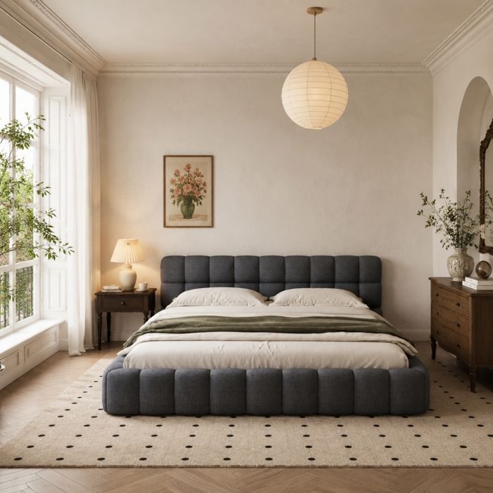 Lit double rembourré - LEWW - 160 x 200 cm - Sommier à lattes - Un design unique - Tissu en Lin - Gris