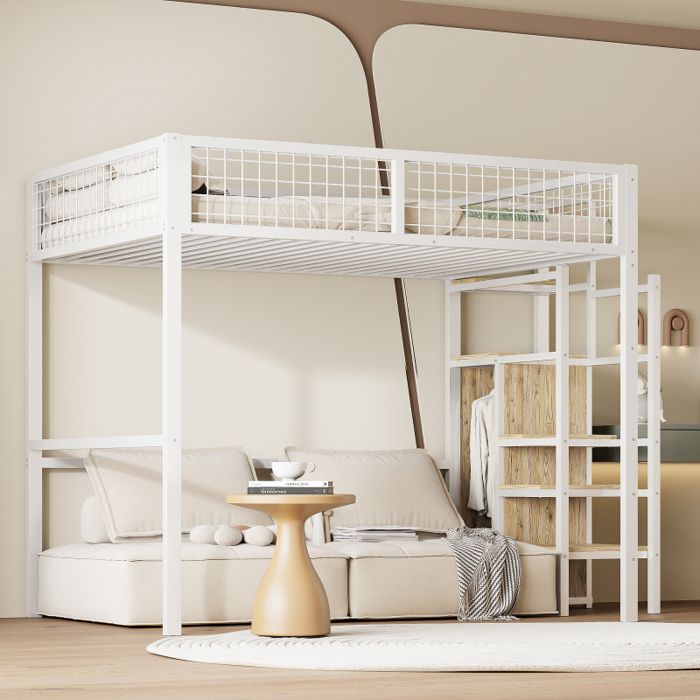 Lit mezzanine - LANGTU - 140x200 cm - Cadre métal blanc - Étagères & bureau intégrés - Barrière sécurité panneaux bois