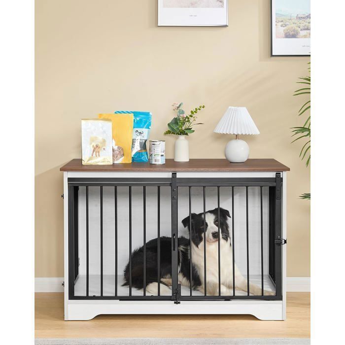 Cage pour Chien 100 cm Meuble Cage Chien Cage Chien Interieur avec Porte coulissante 2 Portes 60 x 100 x 68 cm Blanc et Marron