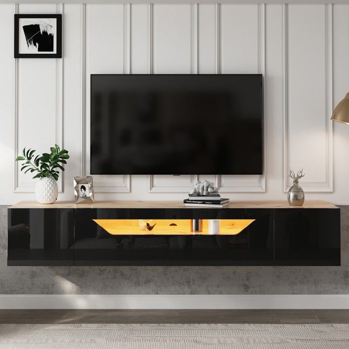 Meuble TV 3 tiroirs buffet bas panneau mural LED brillant fixation murale pour TV 180 x 37 x 36 cm noir/bois - Rangement moderne Meuble TV 3 tiroirs buffet bas panneau mural LED brillant fixation murale pour TV 180 x 37 x 36 cm noir/bois - Rangement moderne