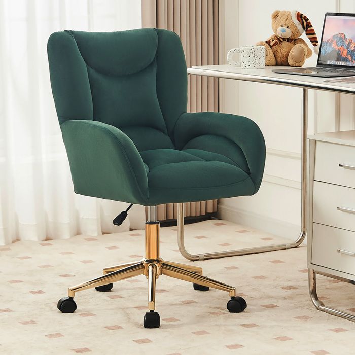 Chaise de bureau à roulette 360°  Fauteuil Ergonomique tournant réglable en hauteur avec jambes dorées Velvet vert