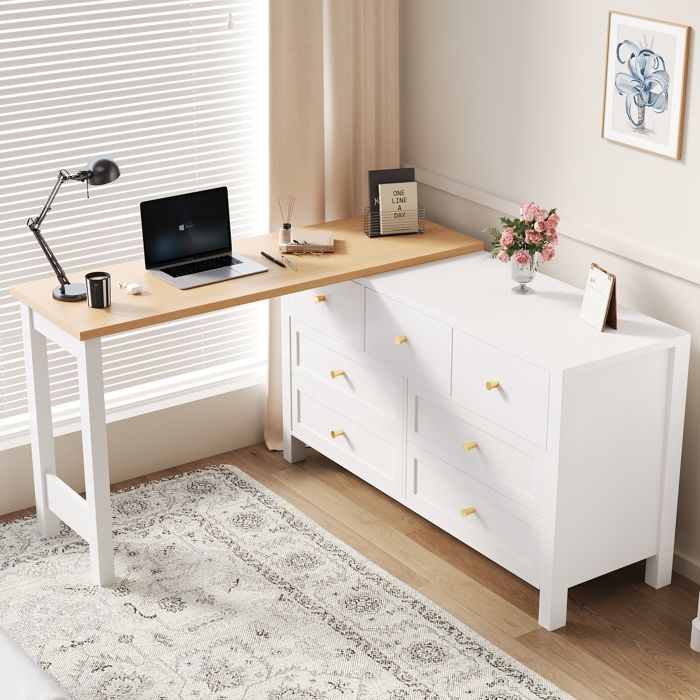Bureau dangle - MODERNLUXE - 120x40x70cm - 7 tiroirs - Plateau rotatif 360° - Blanc + Naturel Bureau dangle - MODERNLUXE - 120x40x70cm - 7 tiroirs - Plateau rotatif 360° - Blanc + Naturel