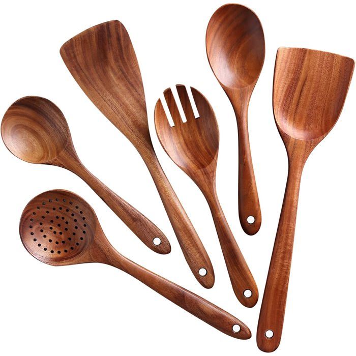 Ensemble de 6 ustensiles de cuisine en bois - Grande batterie de cuisine pour poêles antiadhésives - Cuillères en bois de teck