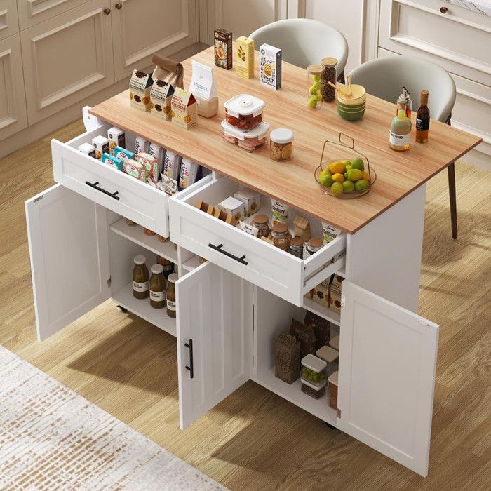 Buffet de cuisine 129x46(71)x91.5 cm avec 2 tiroirs et plateau rabattable Buffet bas avec roulettes Buffet salle a manger en blanc
