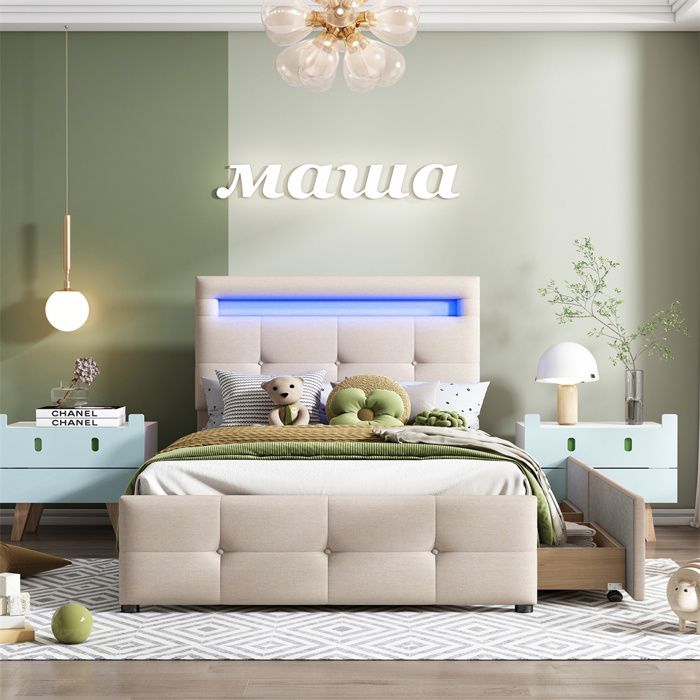 Lit rembourré 90x200 cm beige avec éclairage LED et 2 tiroirs sommier inclus 1 place