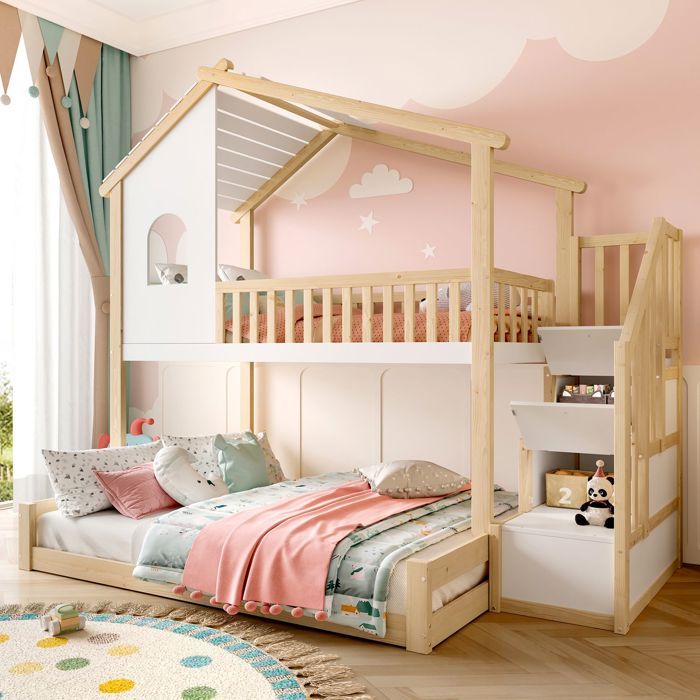 Lit superposé enfant - SOGEU - 90x200+140x200 - Bois massif - Escalier rangement - Naturel et Blanc