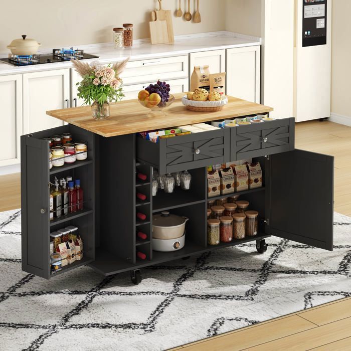 Desserte de Cuisine avec Table Pliante Tiroirs Porte-Bouteilles et Support à Verres 120 x 45(70) x 89 cm Îlot de Cuisine Mobile Noir Desserte de Cuisine avec Table Pliante Tiroirs Porte-Bouteilles et Support à Verres 120 x 45(70) x 89 cm Îlot de Cuisine Mobile Noir