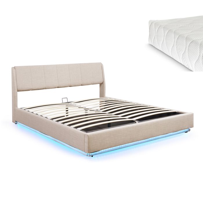 Lit double capitonné Tröstiar avec éclairage LED et matelas 180 x 200 cm beige Lit double capitonné Tröstiar avec éclairage LED et matelas 180 x 200 cm beige