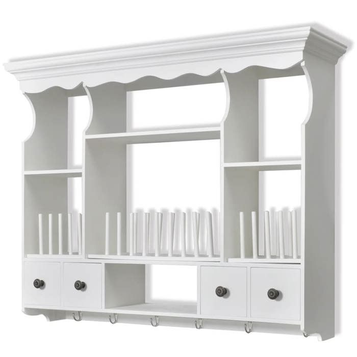 Armoire murale de cuisine en bois - JILL - Blanc - 90 5x22 5x70 3 cm - 4 tiroirs - 4 étagères - Crochets intégrés