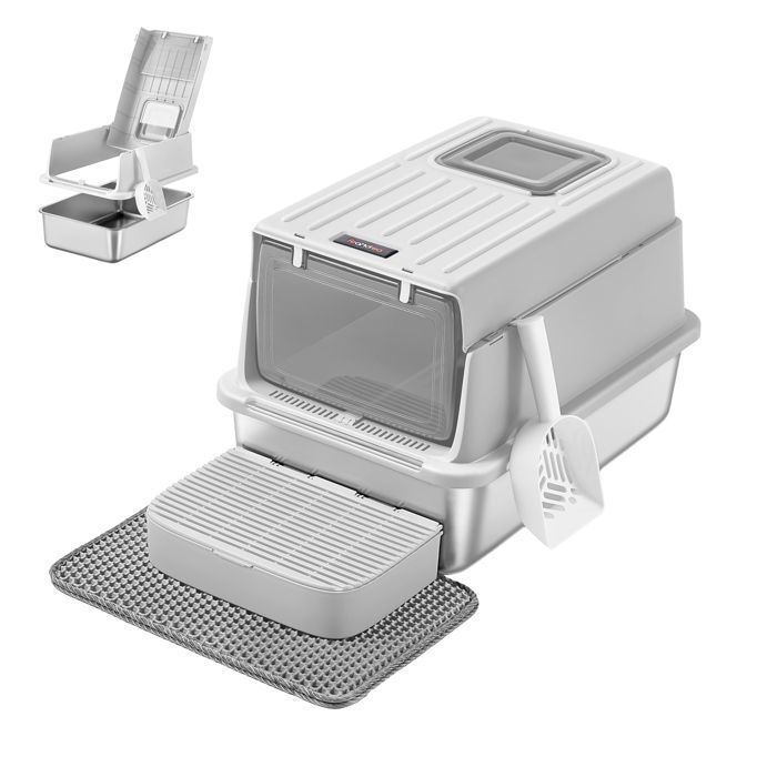 Bac à Litière pour Chat en Acier Inoxydable avec Couvercle Pelle Tapis pour Litière et 2 Entrées pour Chats Jusqu’à 15 kg