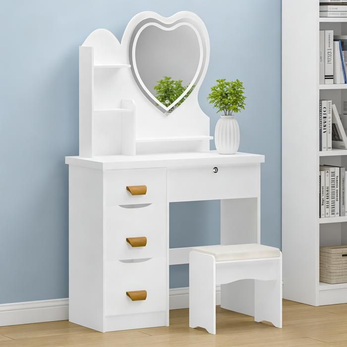 Coiffeuse avec miroir coeur lumineux reglable et tabouret inclus design elegant pour chambre a coucher espace maquillage