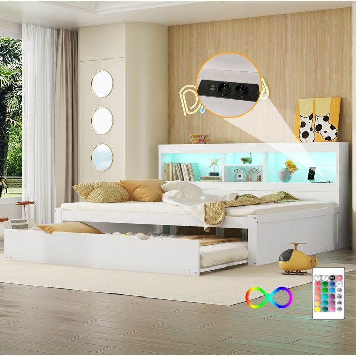 Lit Adulte 140x200 cm - Modenuit - LED et prise USB - Compartiment de Rangement - Lit Gigogne 90×190 - Blanc - Sans Matelas