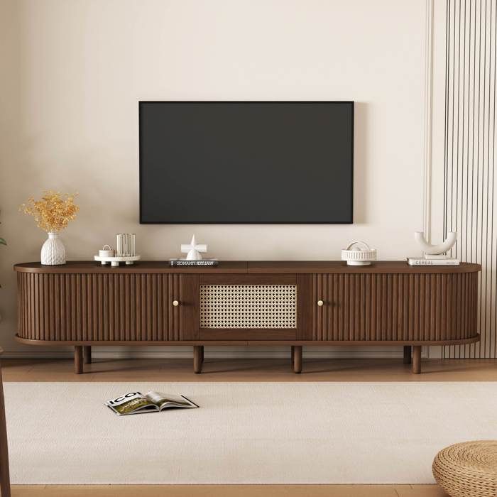 Meuble TV en bois 180 x 40 x 40 cm avec tiroir en rotin Meuble TV bas avec espace de rangement pieds réglables Ovale en noyer foncé