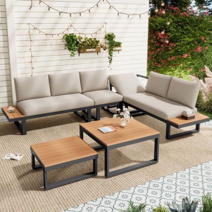Ensemble de jardin exterieur dangle - Inclinaison réglable 5 niveaux - Acier galvanisé - Plateau en bois plastique