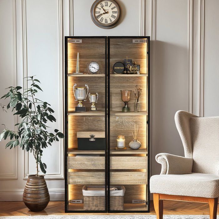 Merax Vitrine avec LED 2 Portes en Verre 2 Grands Tiroirs Meuble Rangement 73 x 36 x 155 cm Merax Vitrine avec LED 2 Portes en Verre 2 Grands Tiroirs Meuble Rangement 73 x 36 x 155 cm