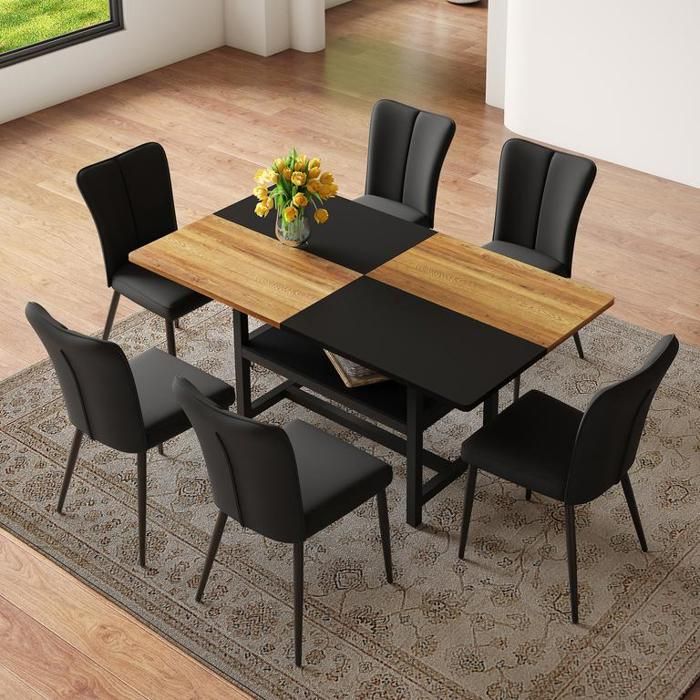 Ensemble table et chaises salle a manger avec des pieds en métal noir Table et 6 chaises salle a manger en noir PU 160x90x76 cm