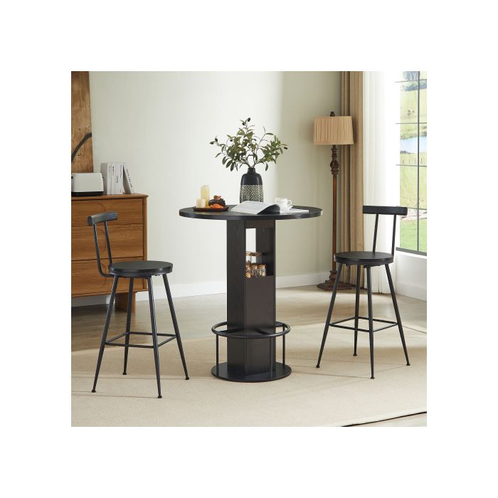 Ensemble table de bar et 2 tabourets table ronde 80 cm en panneaux de particules et acier noir