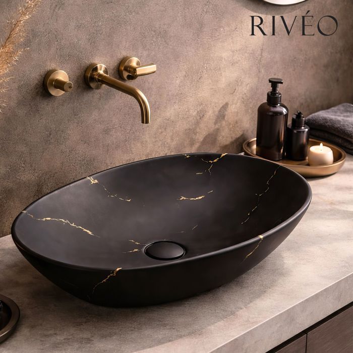 Vasque à poser ovale noire effet marbre 59x425 cm - Céramique avec bonde assortie incluse - Rivéo