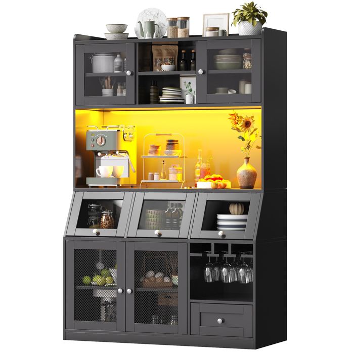 Buffet de cuisine armoire haute port USB rangement multifonction portes vitrées équipées déclairage LED pour Salle à Manger Noir