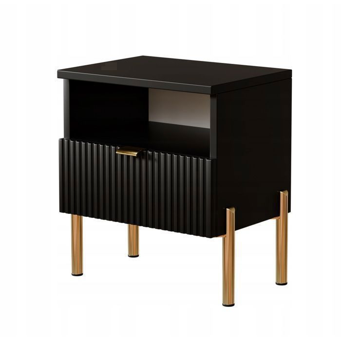 Table de Chevet Noire Moderne – Façade Rainurée Pieds Métal Dorés Meuble de Chambre Rangement Pratique 40x30x44 cm