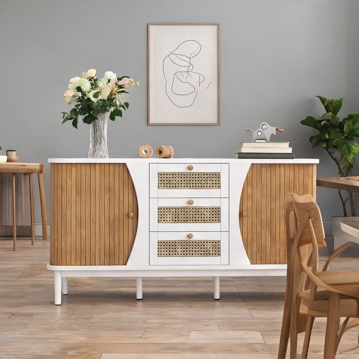 Buffet bahut blanc avec portes coulissantes en bois naturel et tiroirs en rotin 1405 x 40 x 76 cm