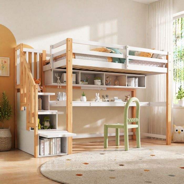 Lit mezzanine enfant – Bureau intégré et rangements – 90 x 200 cm – Blanc et chêne