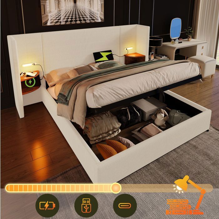 Lit coffre 160x200cm - SENVIRO - tete de lit avec tablette eclairage de lecture et recharge USB Type C beige