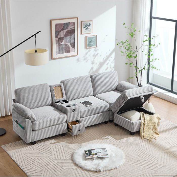 Canapé Modulable dAngle 3 Places avec USB-C Console Amovible Porte-Gobelets et Pouf Coffre Velours Côtelé Gris Clair - UVRION