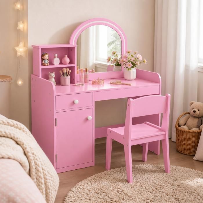 Table coiffeuse enfant - PAGE LIVING - PAGE Living - rose - miroir 120 LED (2 couleurs) - avec chaise et rangements