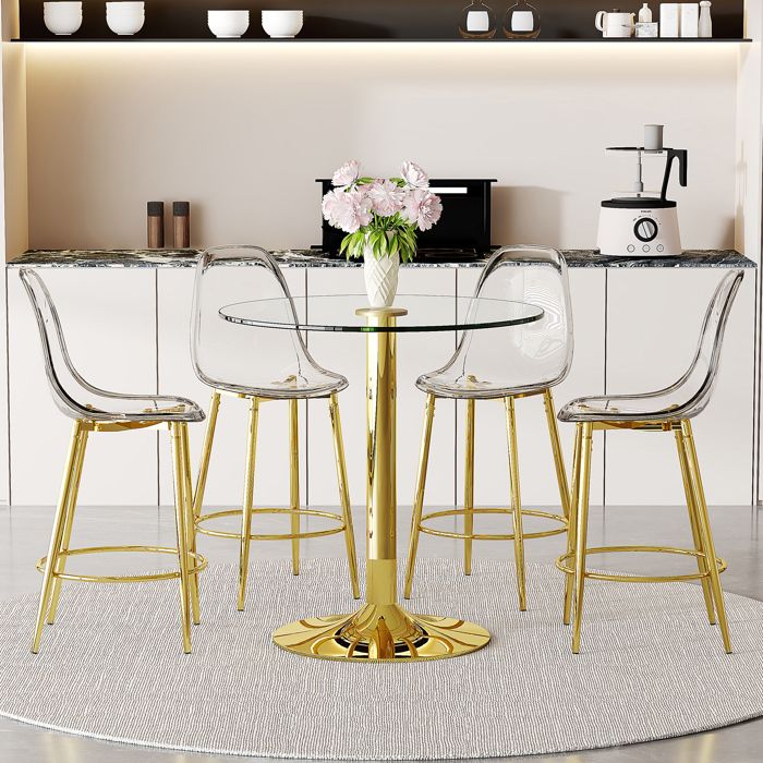 Table haute ronde 89 cm en verre transparent avec 4 tabourets de bar structure métal doré