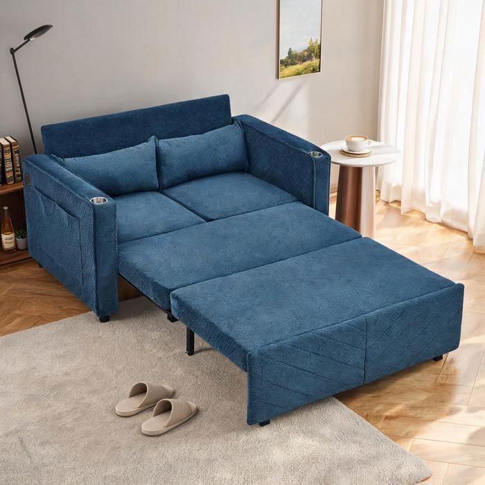 Canapé Convertible 2 Pl. en Velours Côtelé Bleu - Canapé-lit avec Ports de Charge USB - Canapé TV Coulissante avec Porte-Gobelets