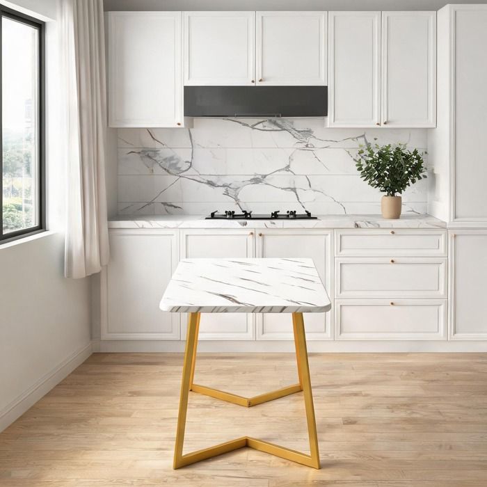 Table à manger rectangulaire 4 personnes 117x68 cm plateau MDF blanc effet marbre pieds métal doré design contemporain