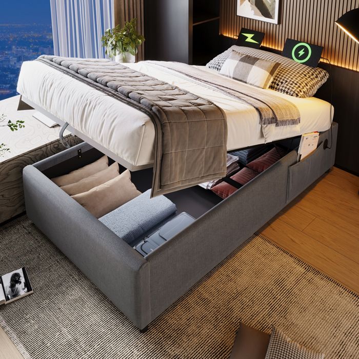 Dimensions 90x190 cm design solide et sécurisé lit simple en coton couleur gris