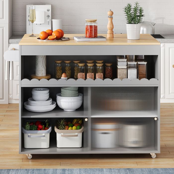 Desserte de cuisine 2 portes niche ouverte et plateau rabattable - YEAVIO - verre trempé gris 122×46(69)×91 cm