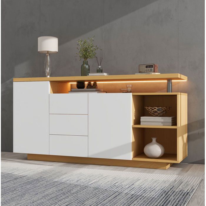 Buffet bas multifonction 140 cm SENVIRO - blanc et chene clair 2 portes 3 tiroirs 2 niches ouvertes LED