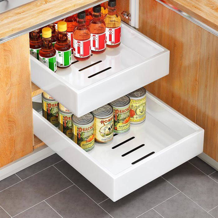 Tiroir coulissant télescopique cuisine - range placard acier carbone finition noire 43 x 25 x 9 cm - rallonge 70 cm - sans perçage