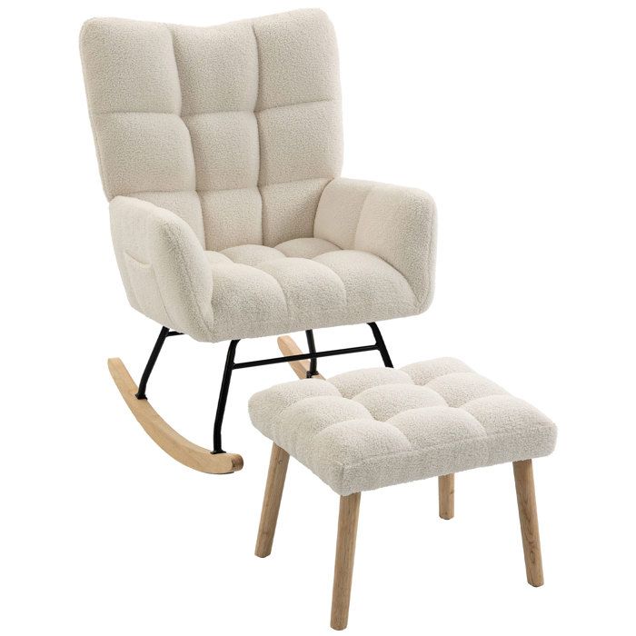 LIA Fauteuil à Bascule avec Repose-Pieds Rocking Chair en Tissu Bouclette Assise Rembourrée Dossier Large Crème