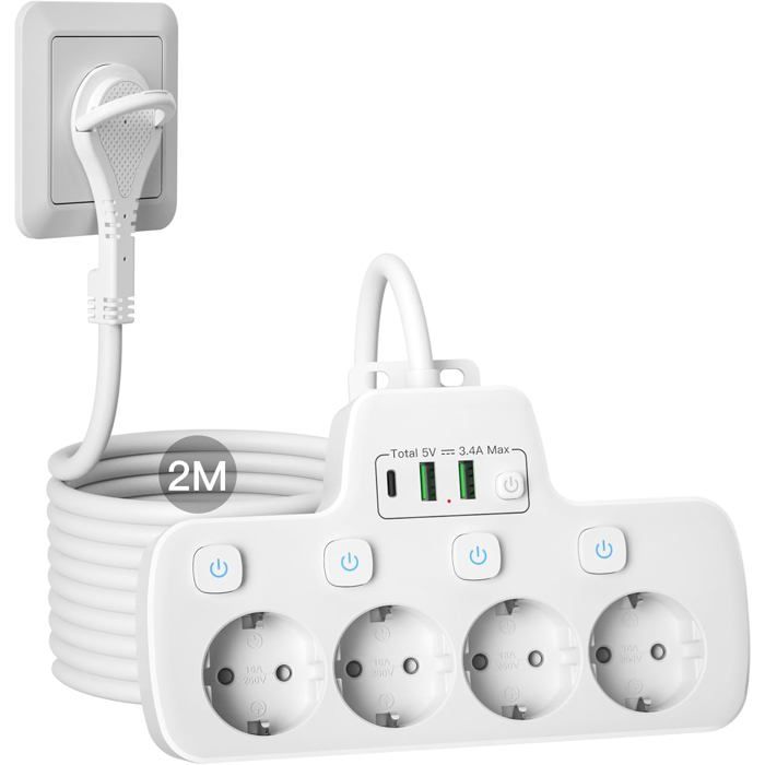 Multiprise 4 Prises avec Fiche Plate Multiprise Plate Derriere Meuble Bloc Prise Murale avec Interrupteur Individuel 2 M Blanc