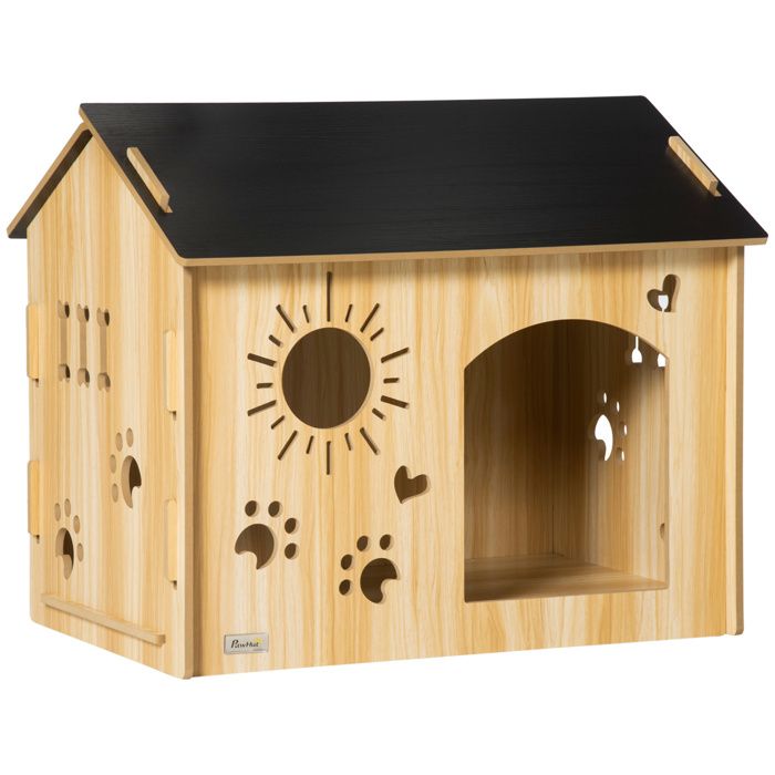 FSX Nichoir pour chiens dintérieur avec structure en bois et ouvertures en forme de patte cœur et os chêne