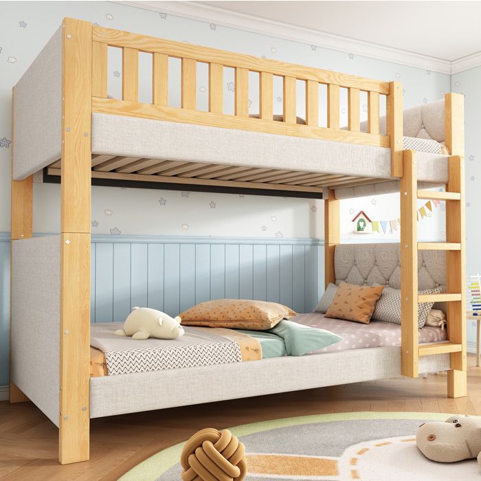 Lit superposé enfant AESVAR 90 x 200 cm gris et naturel avec échelle droite 4 marches et sommier à lattes
